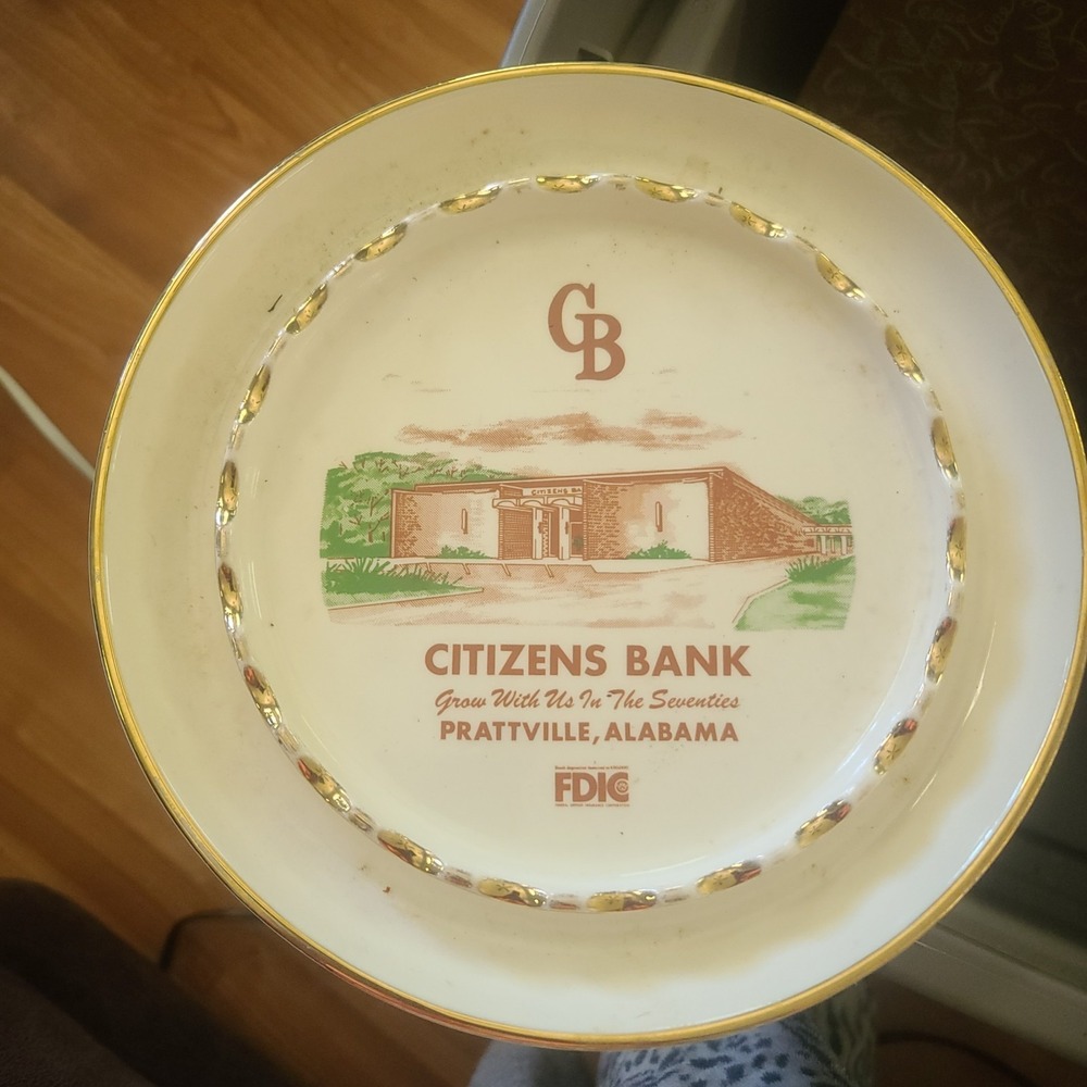 Vintage Citizens Bank Prattville Alabama Advertising Plate Dish 70's Gold Edge